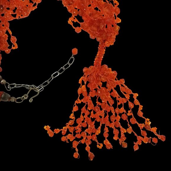 Vintage Orange Bead Necklace with a Tassel  Acrylic Bicone and Bugle Beads - Picture 7 of 13